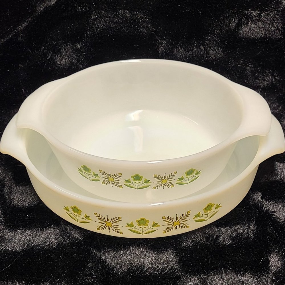 2 Fire King Green Meadow Casserole Dishes - Vintag